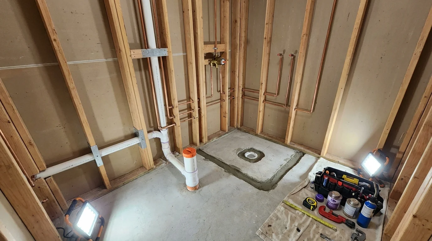 Bathroom rough-in plumbing during remodel by Johns Plumbing LLC in International Falls