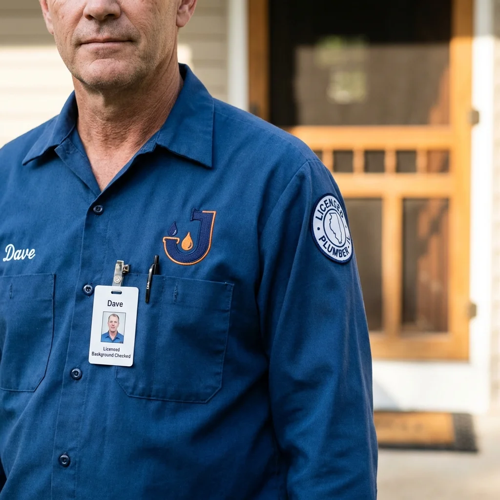Licensed plumber showing ID badge in International Falls, MN