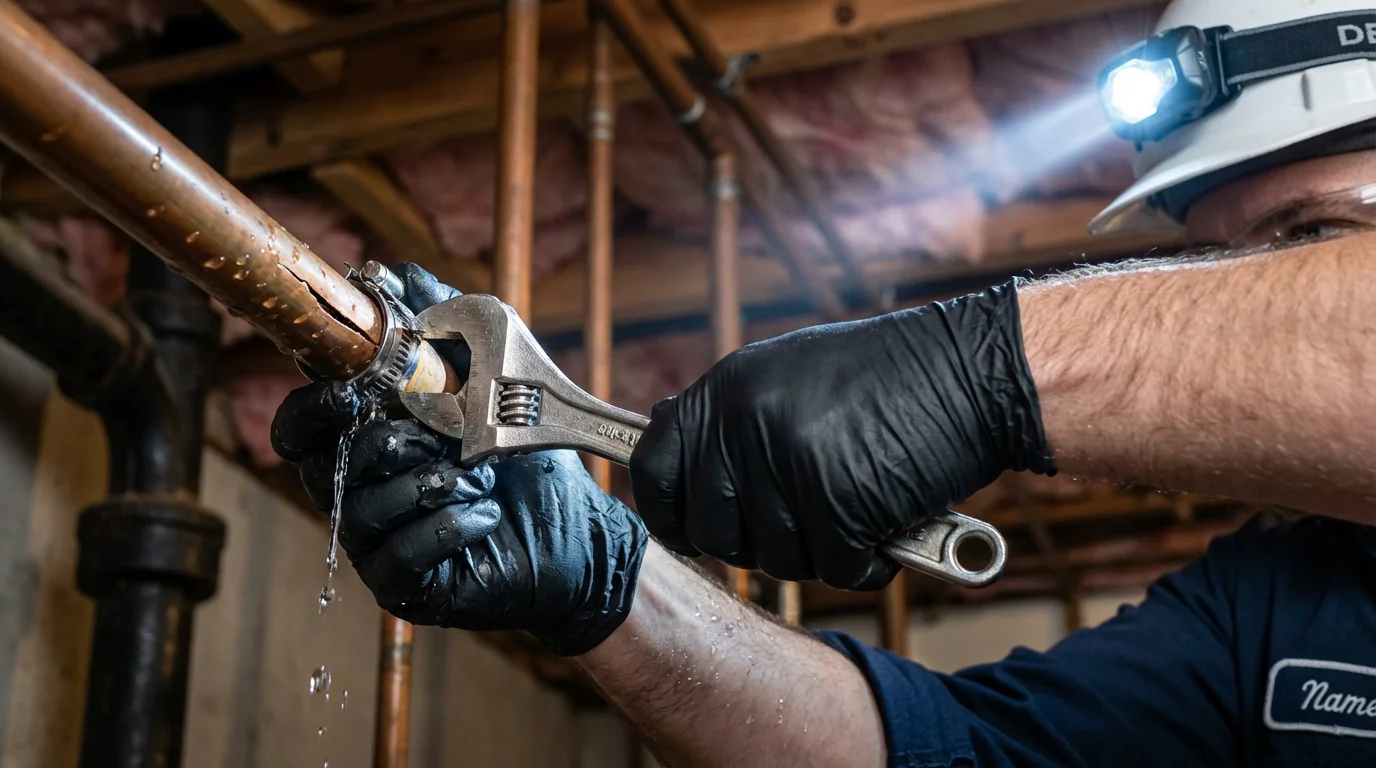 Emergency pipe clamp repair being performed by a Johns Plumbing LLC plumber in International Falls