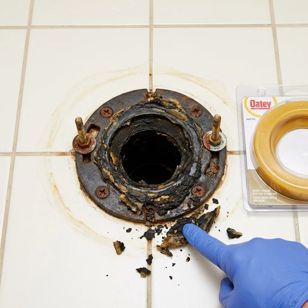 Failed wax ring showing water seepage at the base of a toilet in a International Falls, MN home