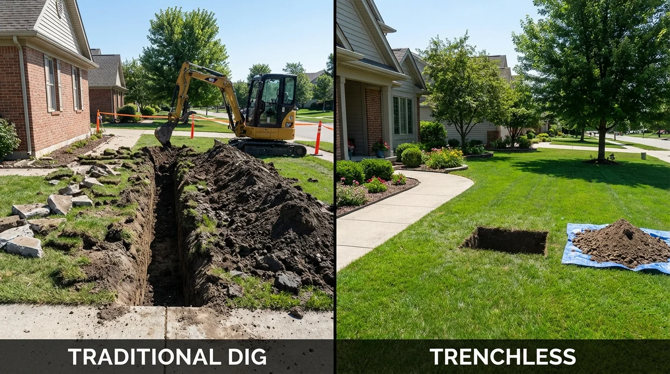 Trenchless sewer repair with minimal yard damage versus traditional excavation in International Falls, MN
