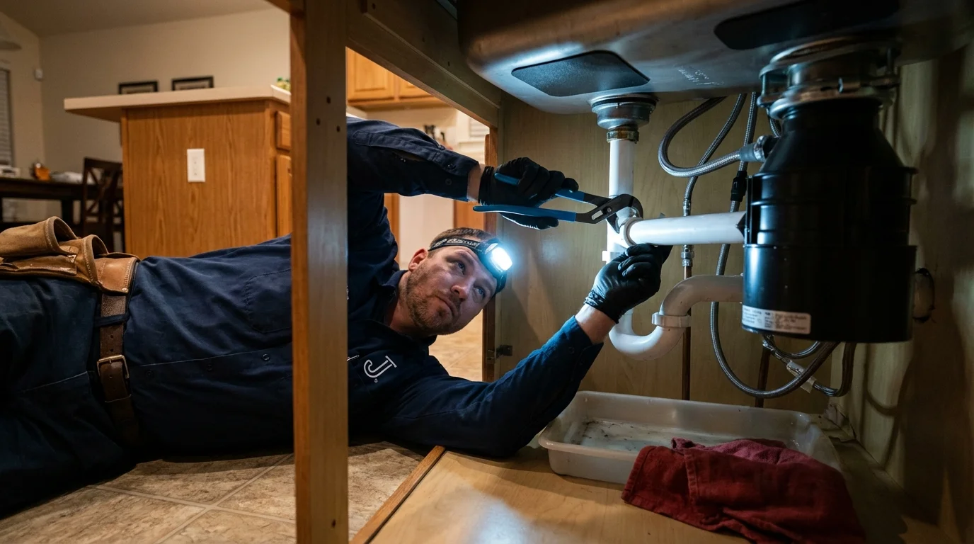 P-trap and supply line connections under a kitchen sink showing a common leak point in International Falls, MN